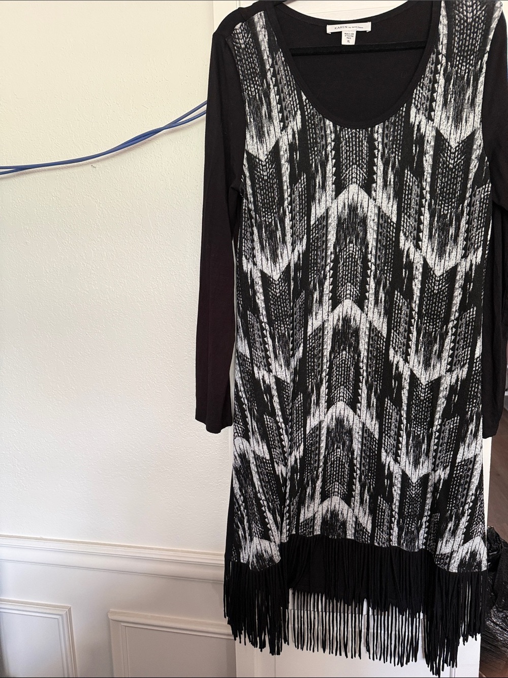 Karen Kane Black and White Fringe-Hem Midi Dress
